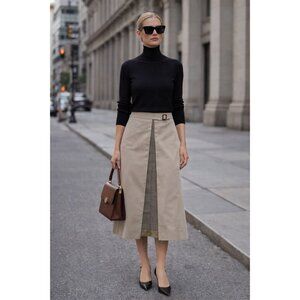 EFTYCHIA Ventile Beige Midi Skirt Straight Plaid Insert Belted UK 10